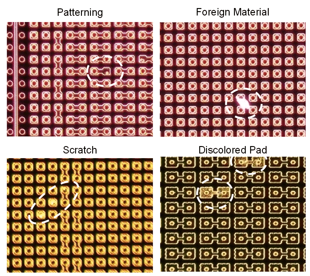 Figure 2. Representative examples of relevant defects in samples prepared for hybrid bonding and their categories. These images with thousands more were used to train Adeia’s CNN for defect identification.