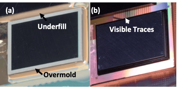 Optical image of HBM after MIP decapsulation processing has removed the overmold and underfill over the interposer and between the top chips.