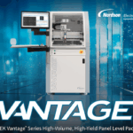 An industrial machine on a stylized background. The text says, Vantage Series High-Volume, High-Yield Panel Level Packaging