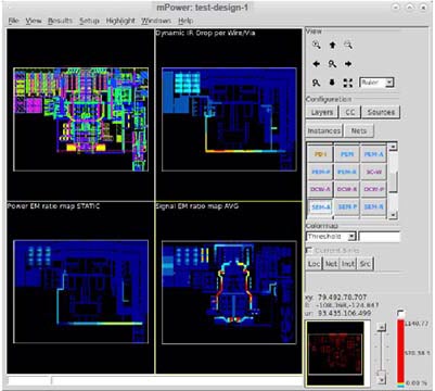 Figure 4. Multi-domain power integrity analysis with synchronized, multi-view debug visualizes EM and IR drop risks, supporting efficient optimization of system-wide power distribution.